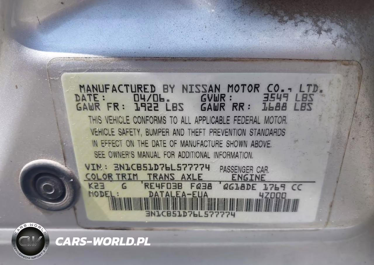 2006 Nissan Sentra 1.8S VIN:3N1CB51D76L577774 - 9