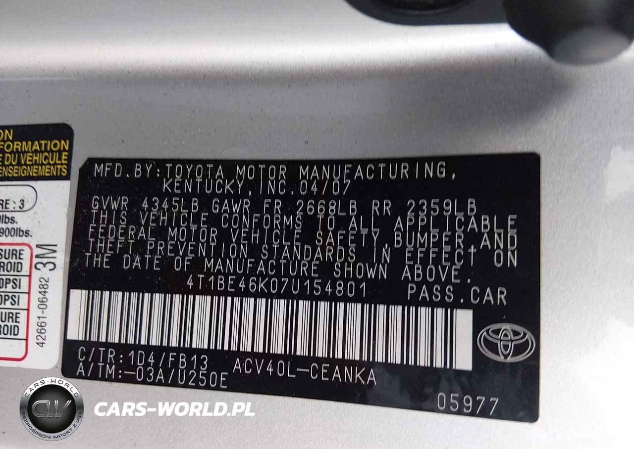 2007 Toyota Camry Le VIN:4T1BE46K07U154801 - 9