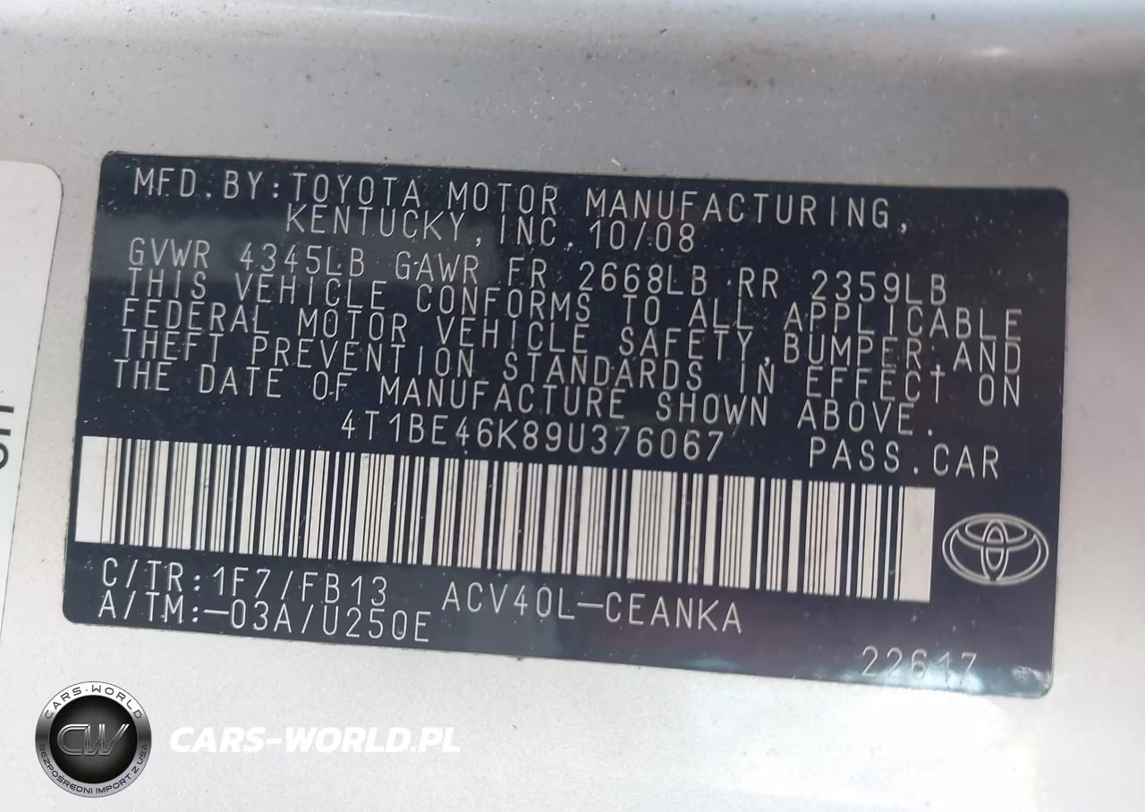 2009 Toyota Camry VIN:4T1BE46K89U376067 - 9