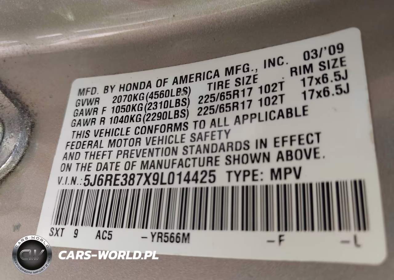2009 Honda Cr-V Ex-L VIN:5J6RE387X9L014425 - 9