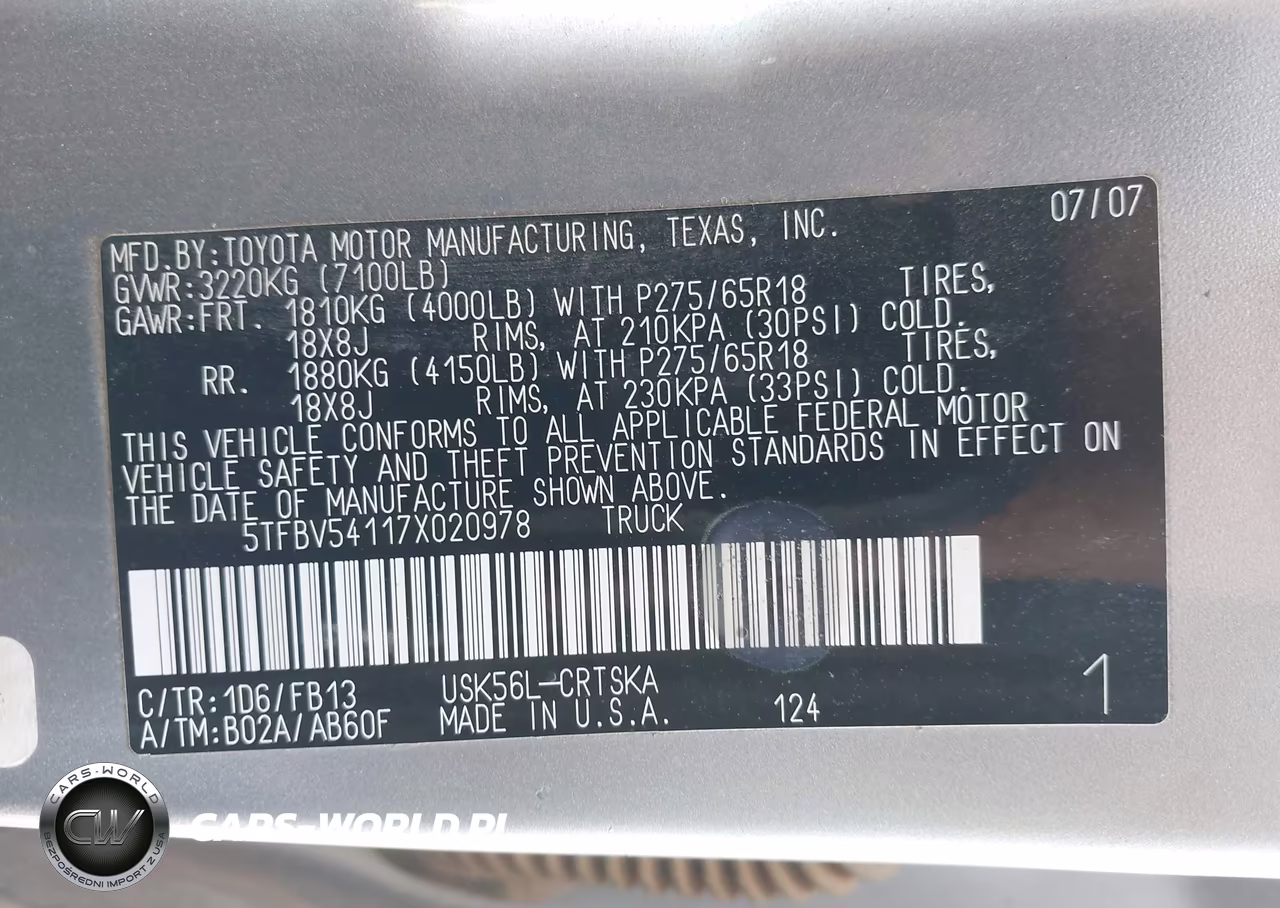 2007 Toyota Tundra Sr5 5.7L V8 VIN:5TFBV54117X020978 - 9
