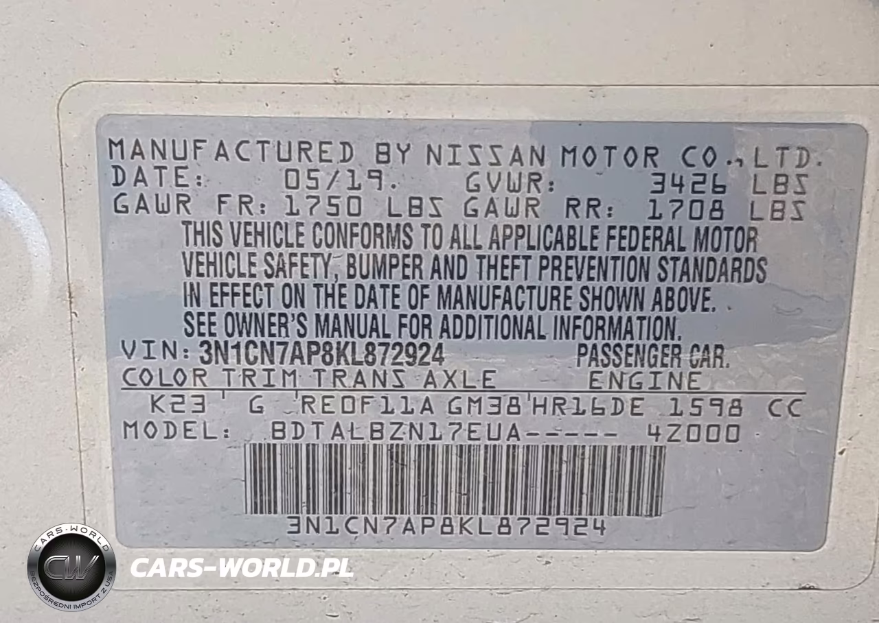 2019 Nissan Versa 1.6 Sv VIN:3N1CN7AP8KL872924 - 9