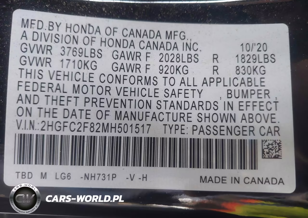 2021 Honda Civic Sport VIN:2HGFC2F82MH501517 - 9