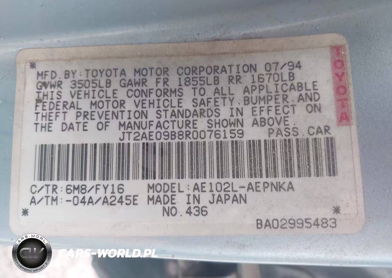1994 Toyota Corolla Le-Dx VIN:JT2AE09B8R0076159 - 9