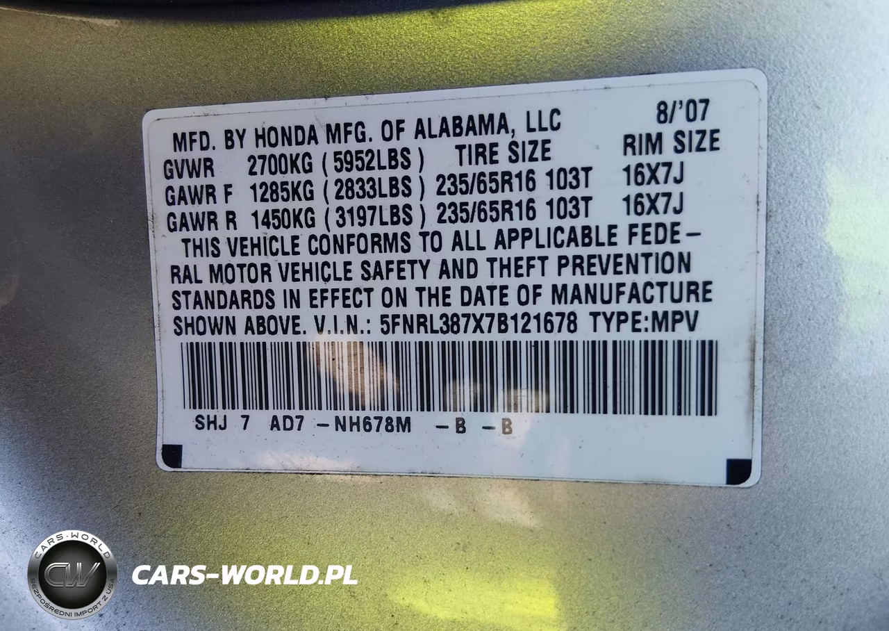 2007 Honda Odyssey Ex-L VIN:5FNRL387X7B121678 - 9