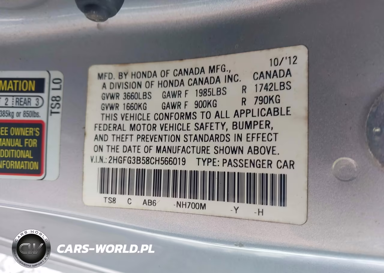 2012 Honda Civic Lx VIN:2HGFG3B58CH566019 - 9