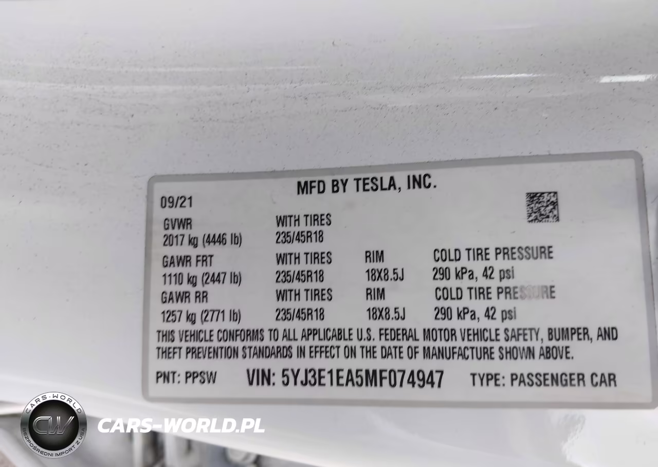 2021 Tesla Model 3 Standard Range Plus Rear-Wheel Drive VIN:5YJ3E1EA5MF074947 - 9