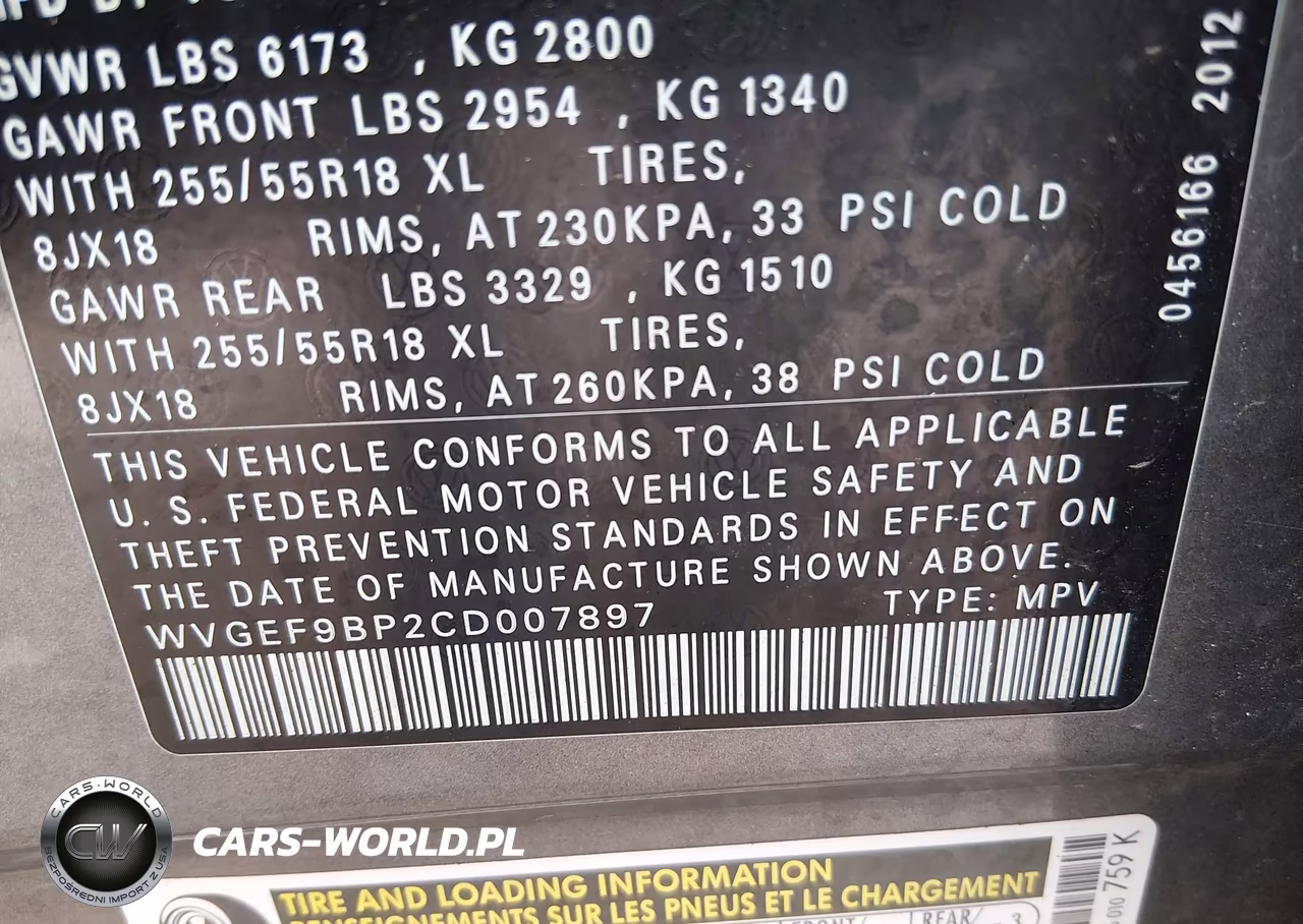 2012 Volkswagen Touareg Vr6 Sport VIN:WVGEF9BP2CD007897 - 9
