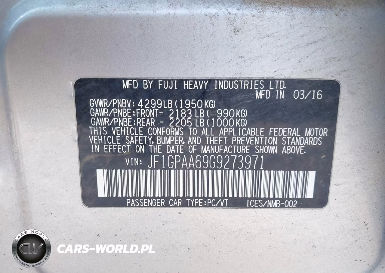 2016 Subaru Impreza 2.0I VIN:JF1GPAA69G9273971 - 9