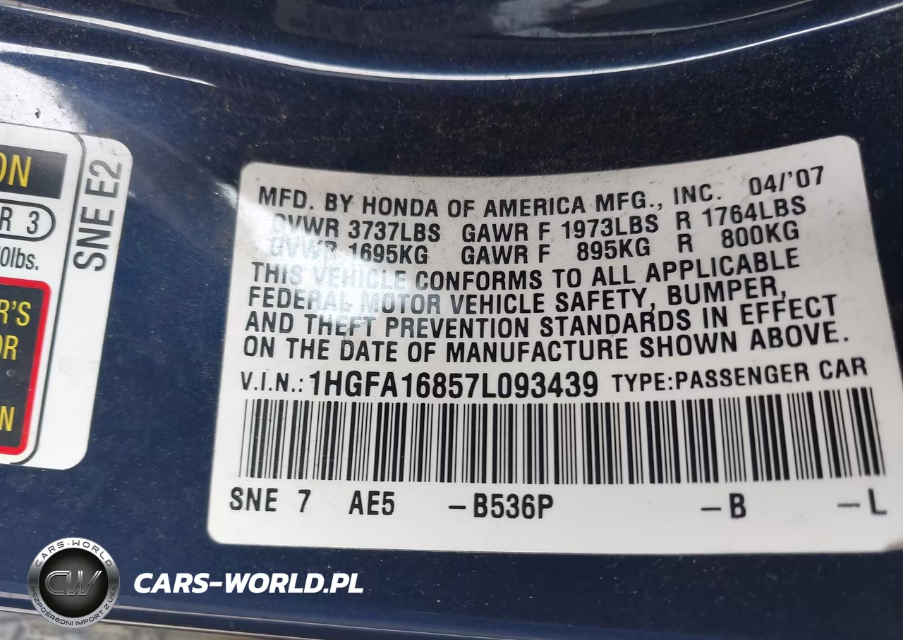 2007 Honda Civic Ex VIN:1HGFA16857L093439 - 9