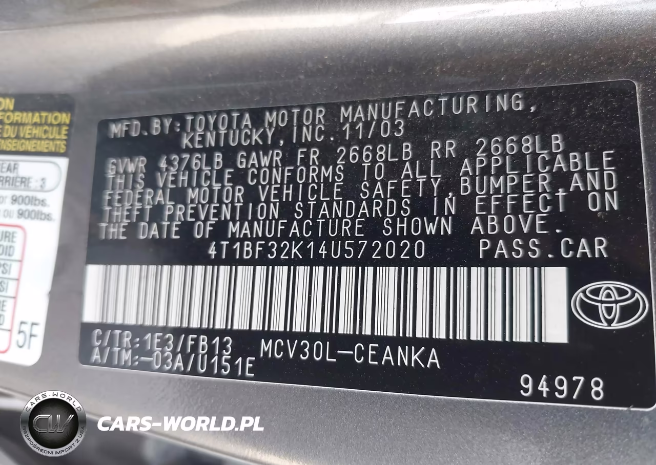 2004 Toyota Camry Le V6 VIN:4T1BF32K14U572020 - 9