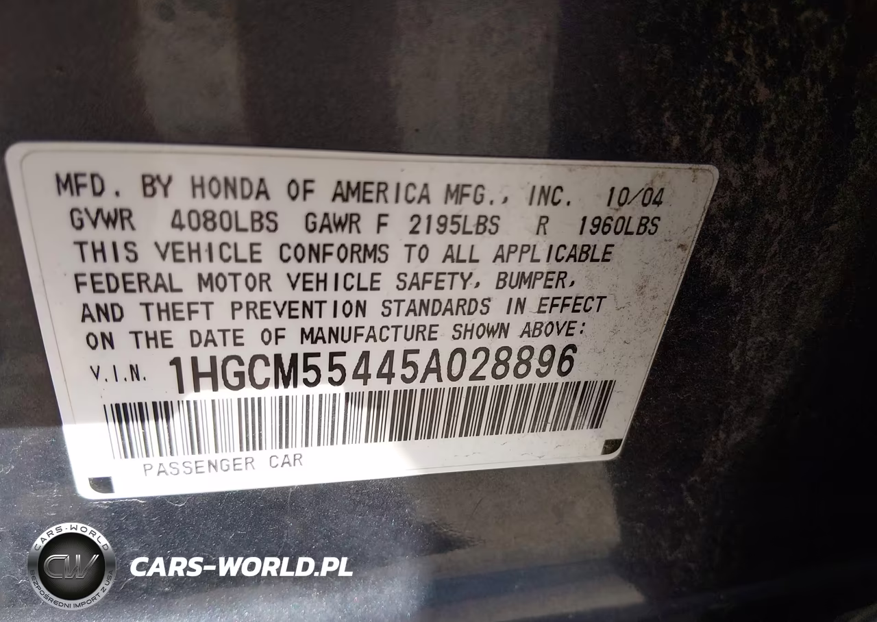 2005 Honda Accord 2.4 Lx VIN:1HGCM55445A028896 - 9