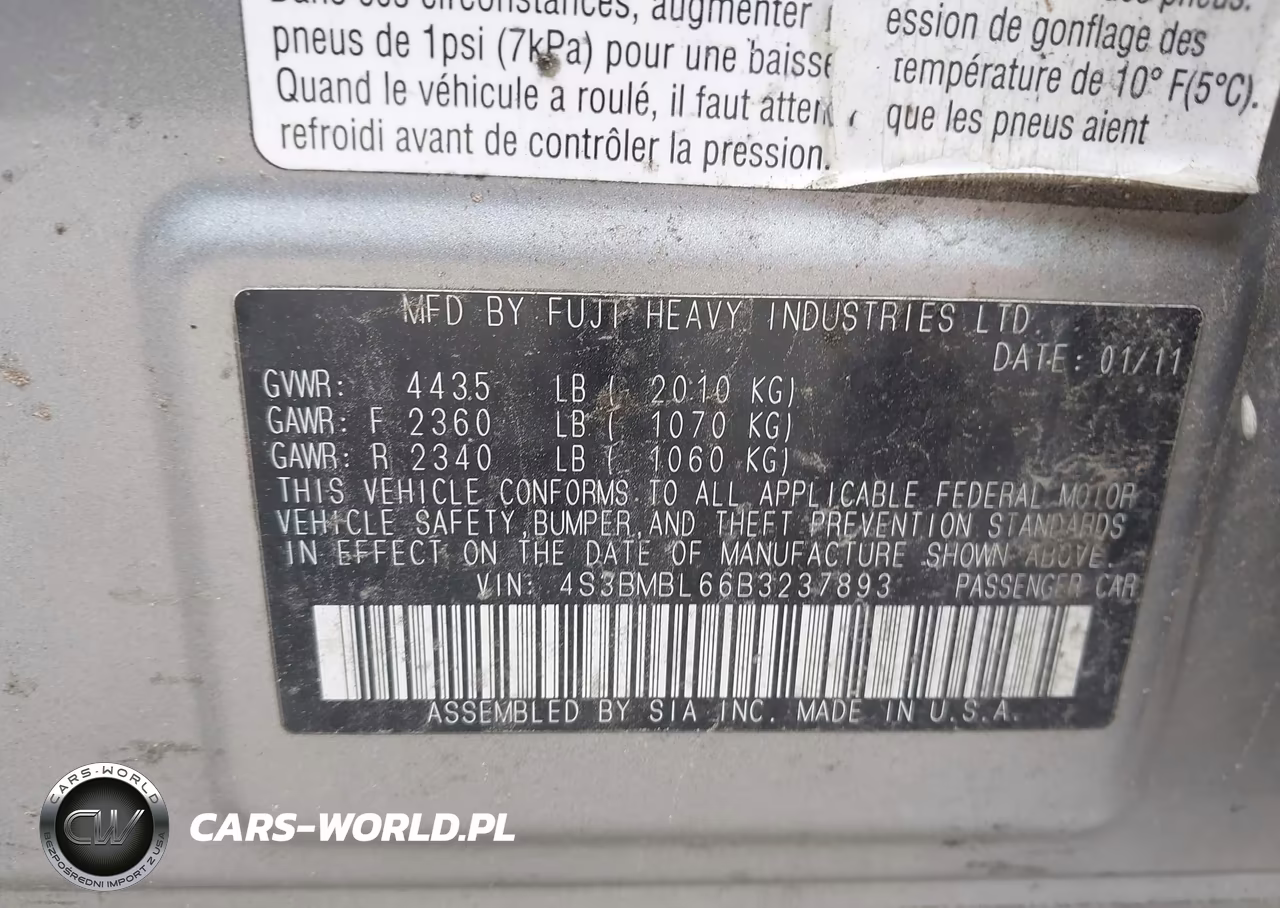 2011 Subaru Legacy 2.5I Limited VIN:4S3BMBL66B3237893 - 9