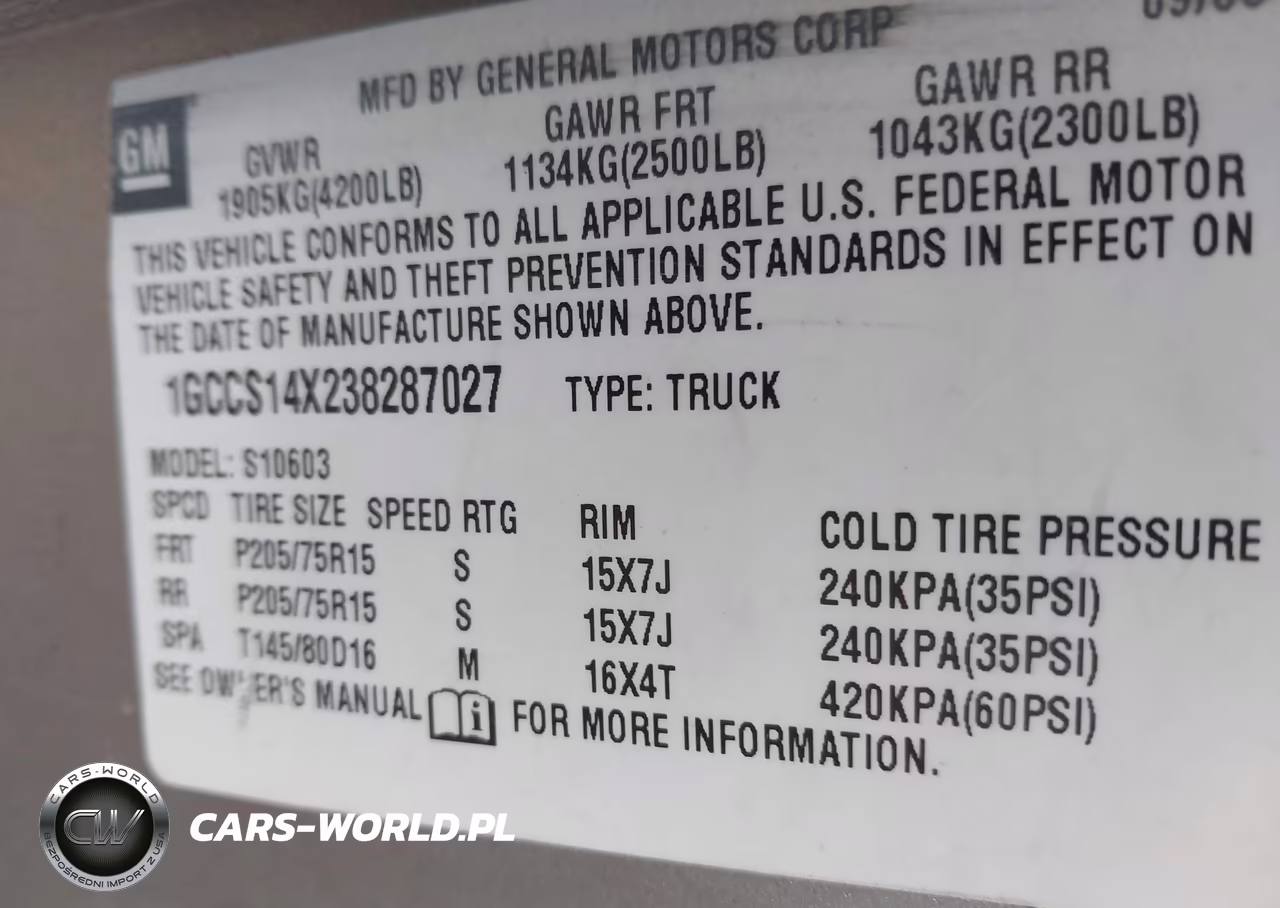 2003 Chevrolet S-10 VIN:1GCCS14X238287027 - 9