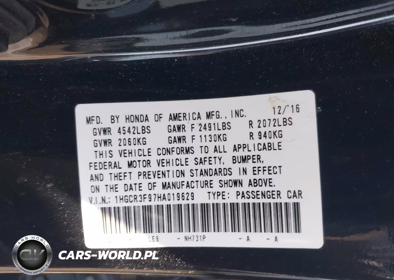 2017 Honda Accord Touring V6 VIN:1HGCR3F97HA019629 - 9