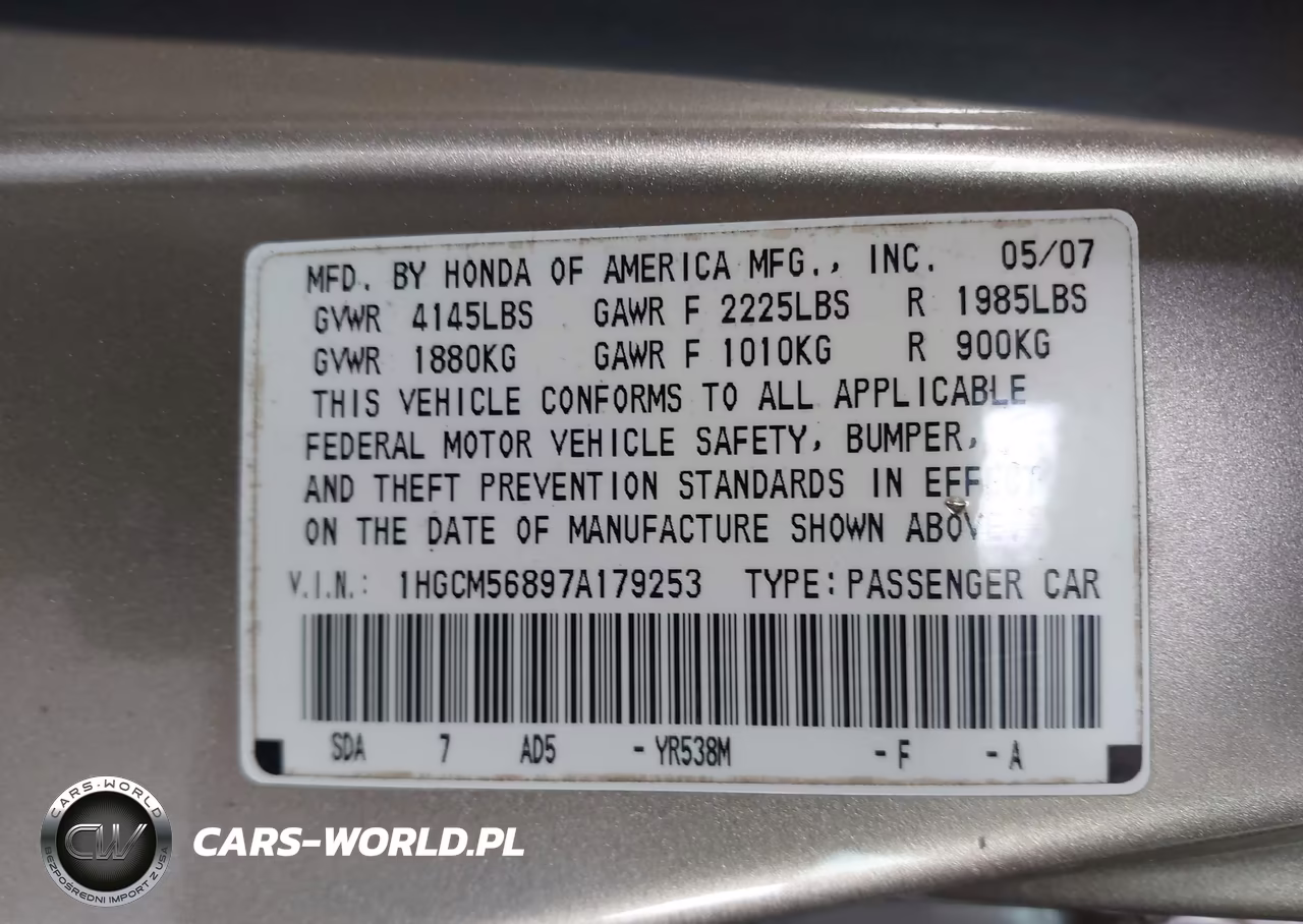 2007 Honda Accord 2.4 Ex VIN:1HGCM56897A179253 - 9