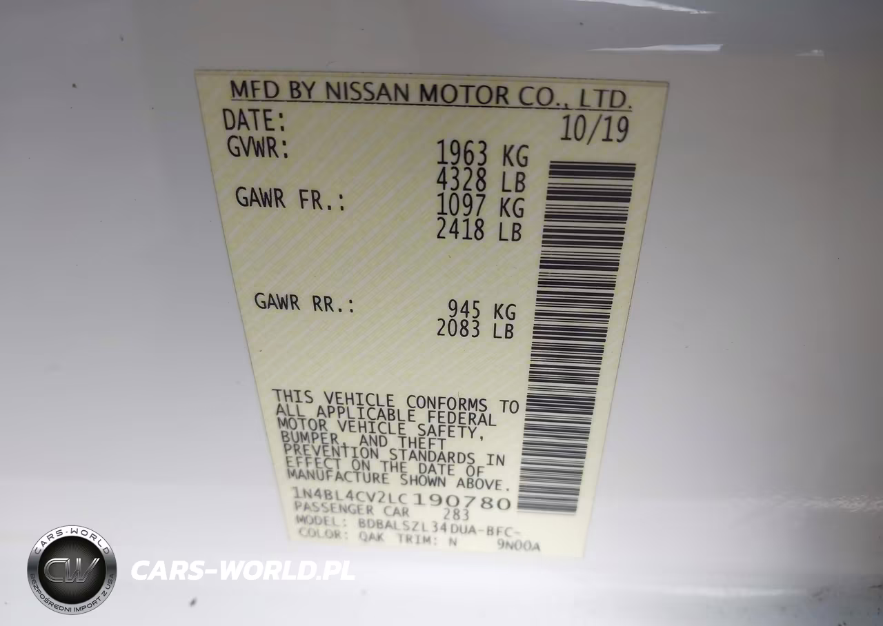 2020 Nissan Altima Sr Fwd VIN:1N4BL4CV2LC190780 - 9