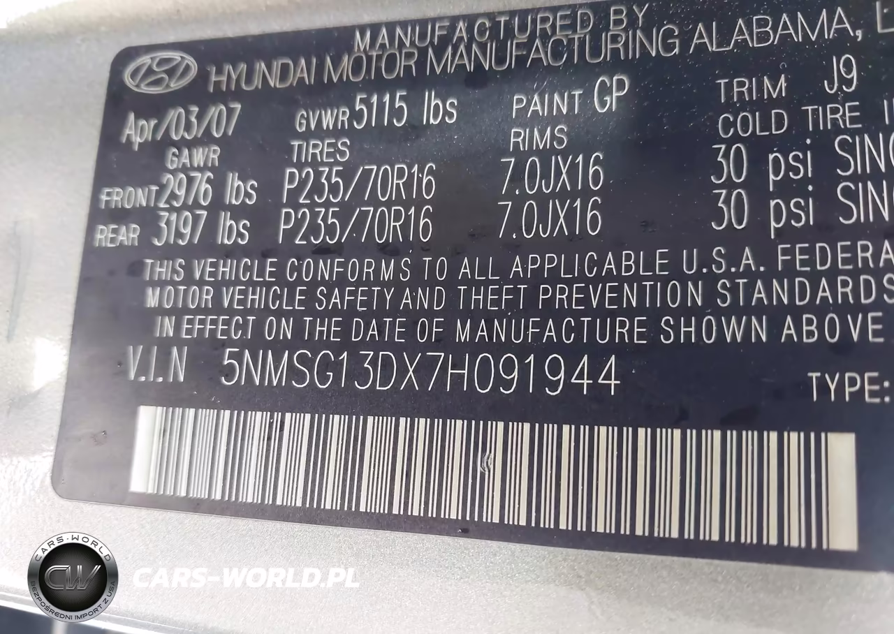2007 Hyundai Santa Fe Gls VIN:5NMSG13DX7H091944 - 9