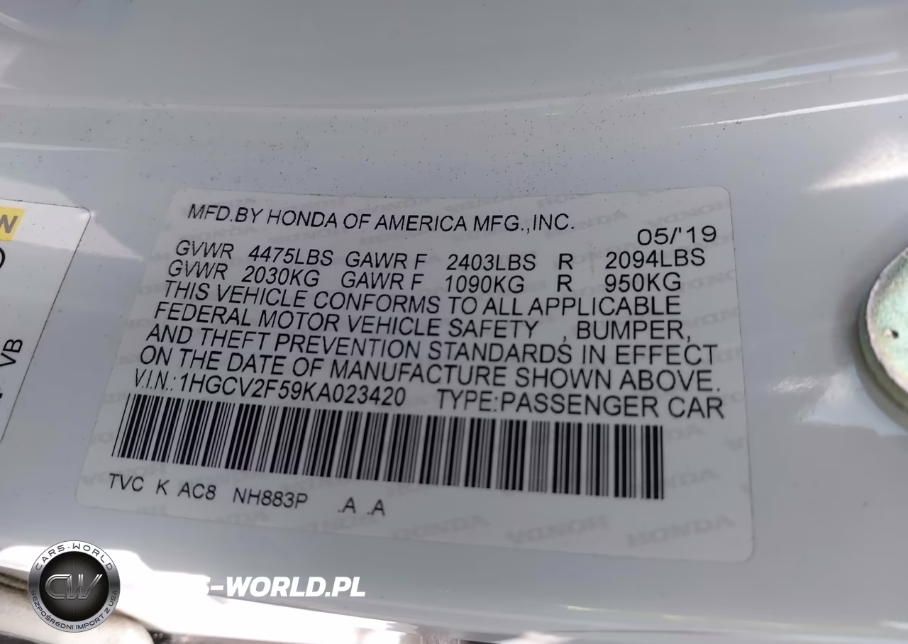 2019 Honda Accord Ex-L 2.0T VIN:1HGCV2F59KA023420 - 9