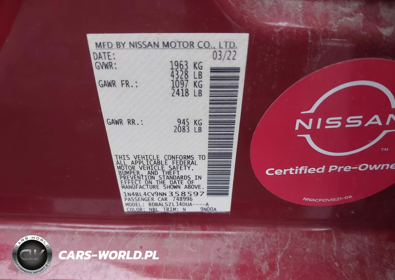2022 Nissan Altima Sr Fwd VIN:1N4BL4CV9NN358597 - 9