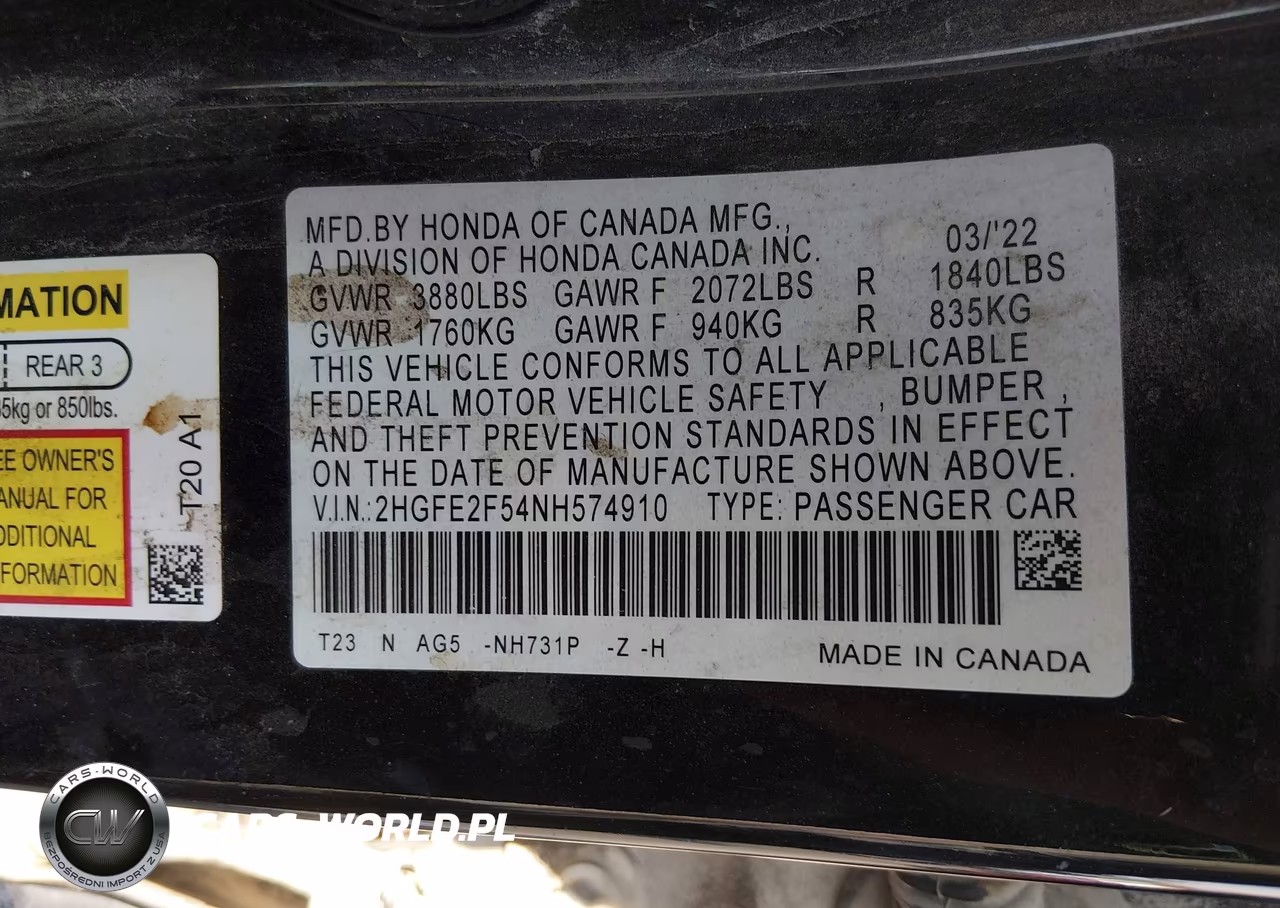 2022 Honda Civic Sport VIN:2HGFE2F54NH574910 - 9