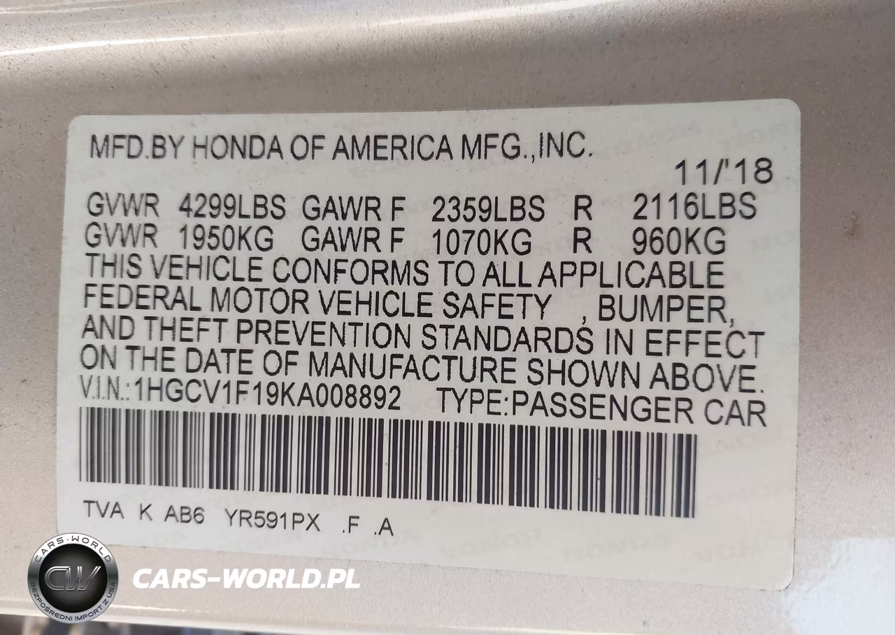 2019 Honda Accord Lx VIN:1HGCV1F19KA008892 - 9