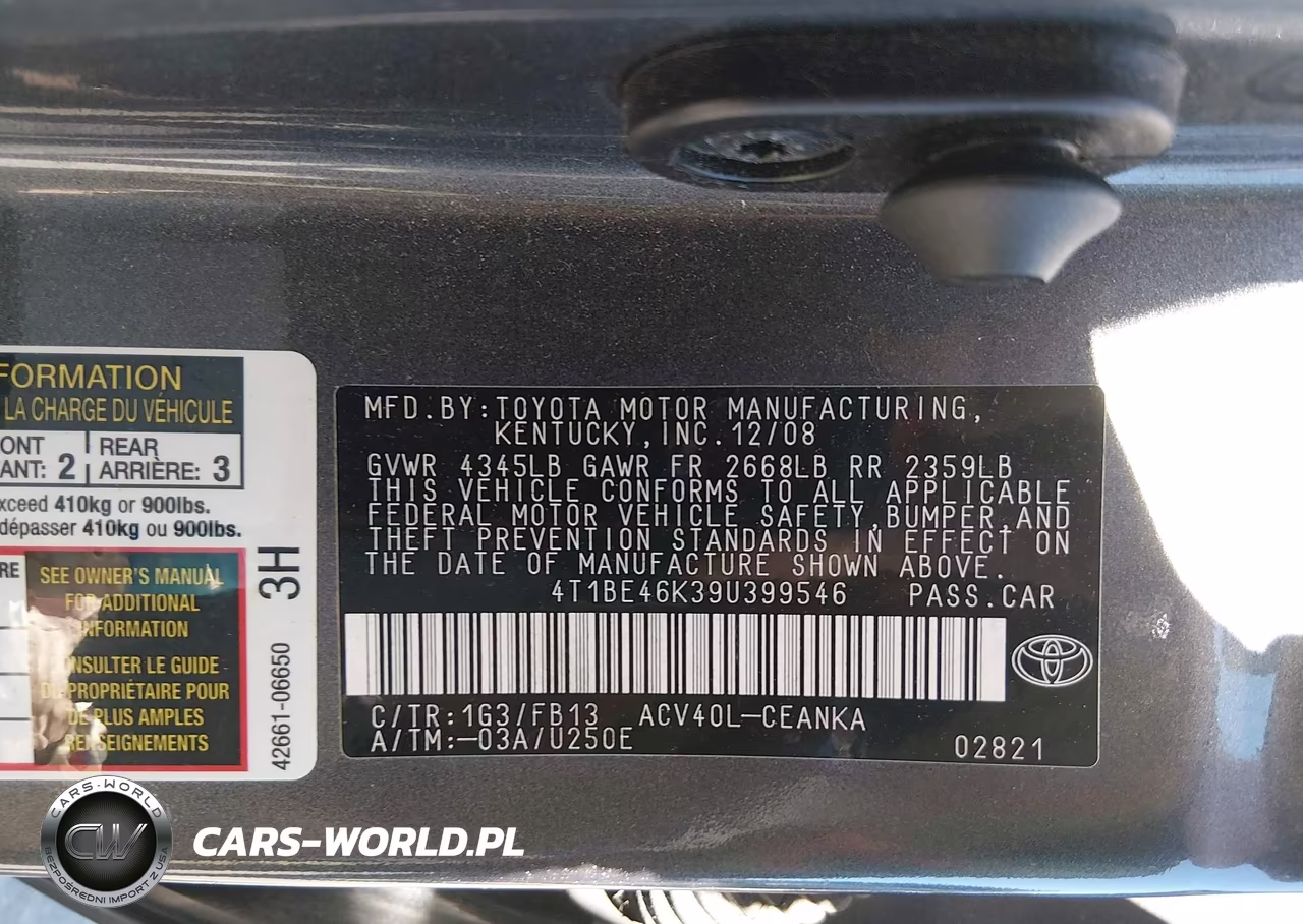 2009 Toyota Camry Le VIN:4T1BE46K39U399546 - 9
