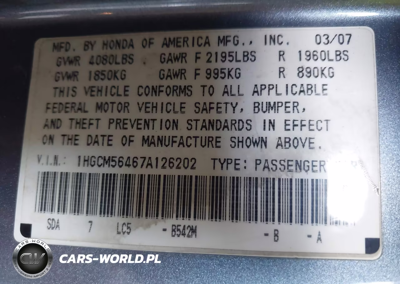 2007 Honda Accord 2.4 Lx VIN:1HGCM56467A126202 - 9