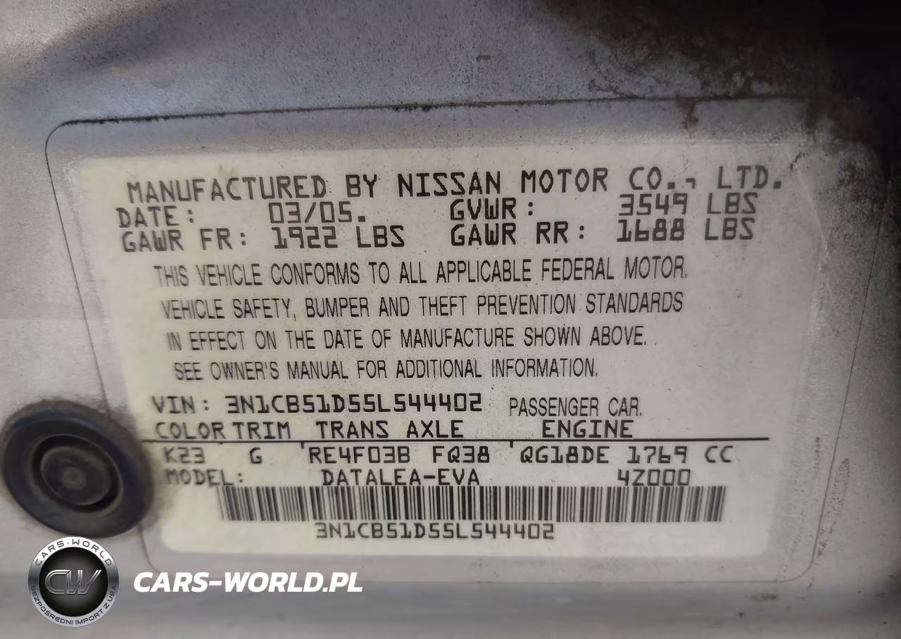 2005 Nissan Sentra 1.8S VIN:3N1CB51D55L544402 - 9