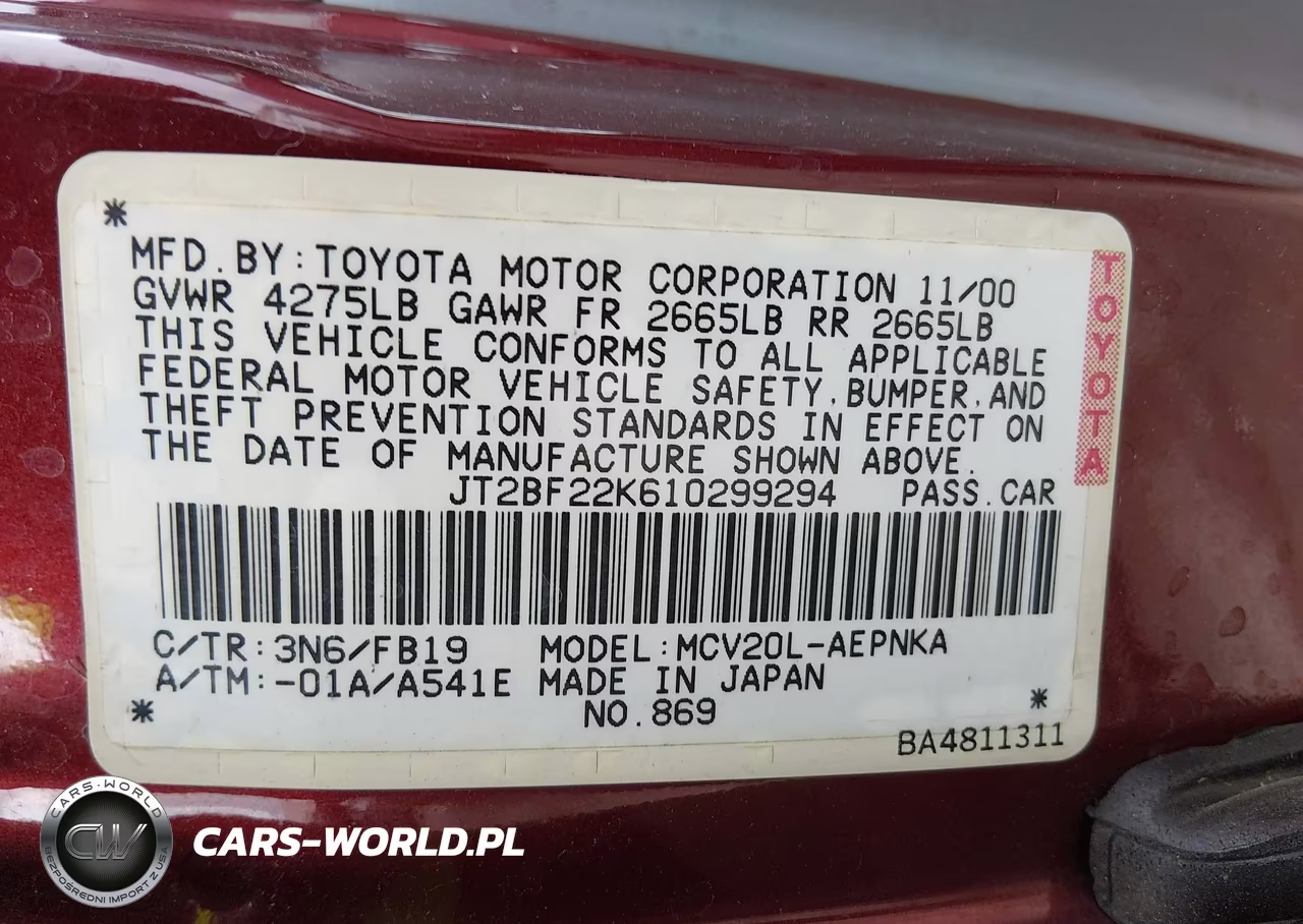 2001 Toyota Camry Le V6 VIN:JT2BF22K610299294 - 9