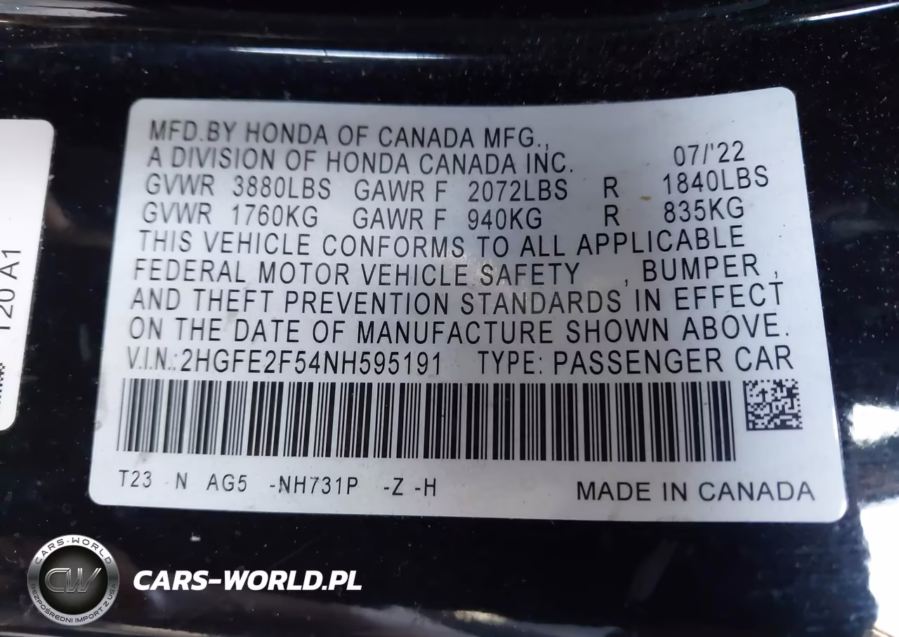 2022 Honda Civic Sport VIN:2HGFE2F54NH595191 - 9