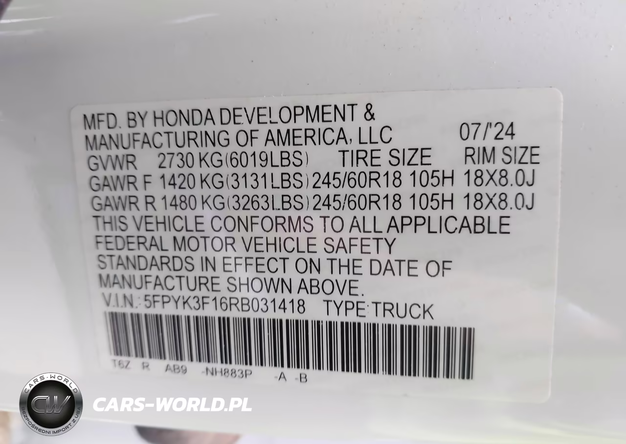 2024 Honda Ridgeline Sport VIN:5FPYK3F16RB031418 - 9