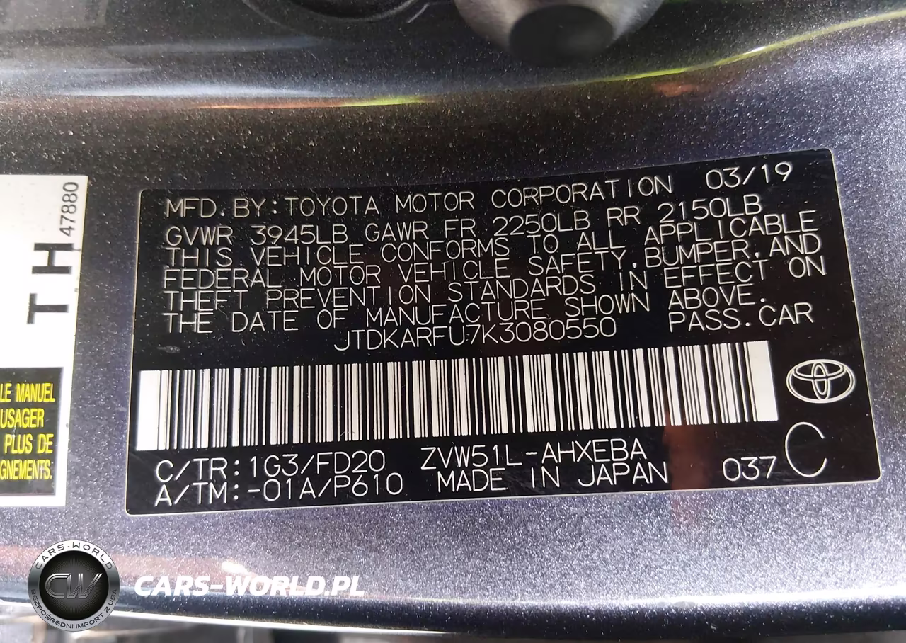 2019 Toyota Prius Le VIN:JTDKARFU7K3080550 - 9