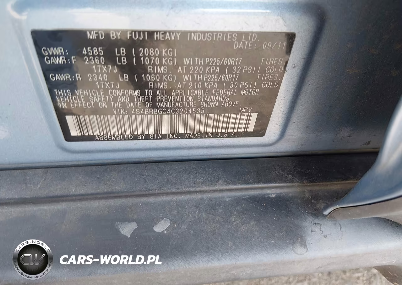 2012 Subaru Outback 2.5I Premium VIN:4S4BRBGC4C3204535 - 9