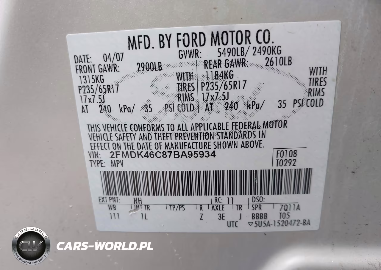 2007 Ford Edge Se VIN:2FMDK46C87BA95934 - 9