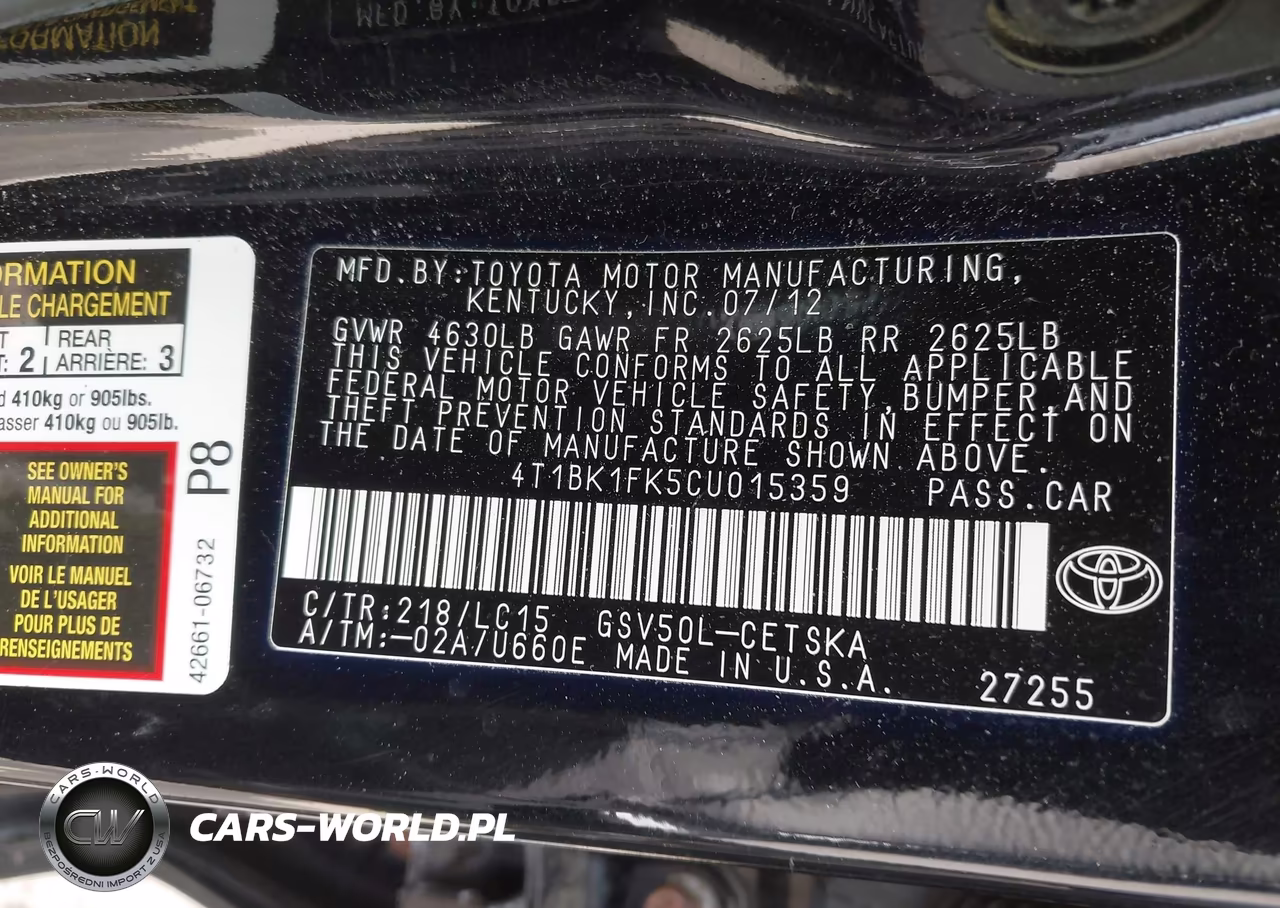 2012 Toyota Camry Se V6 VIN:4T1BK1FK5CU015359 - 9