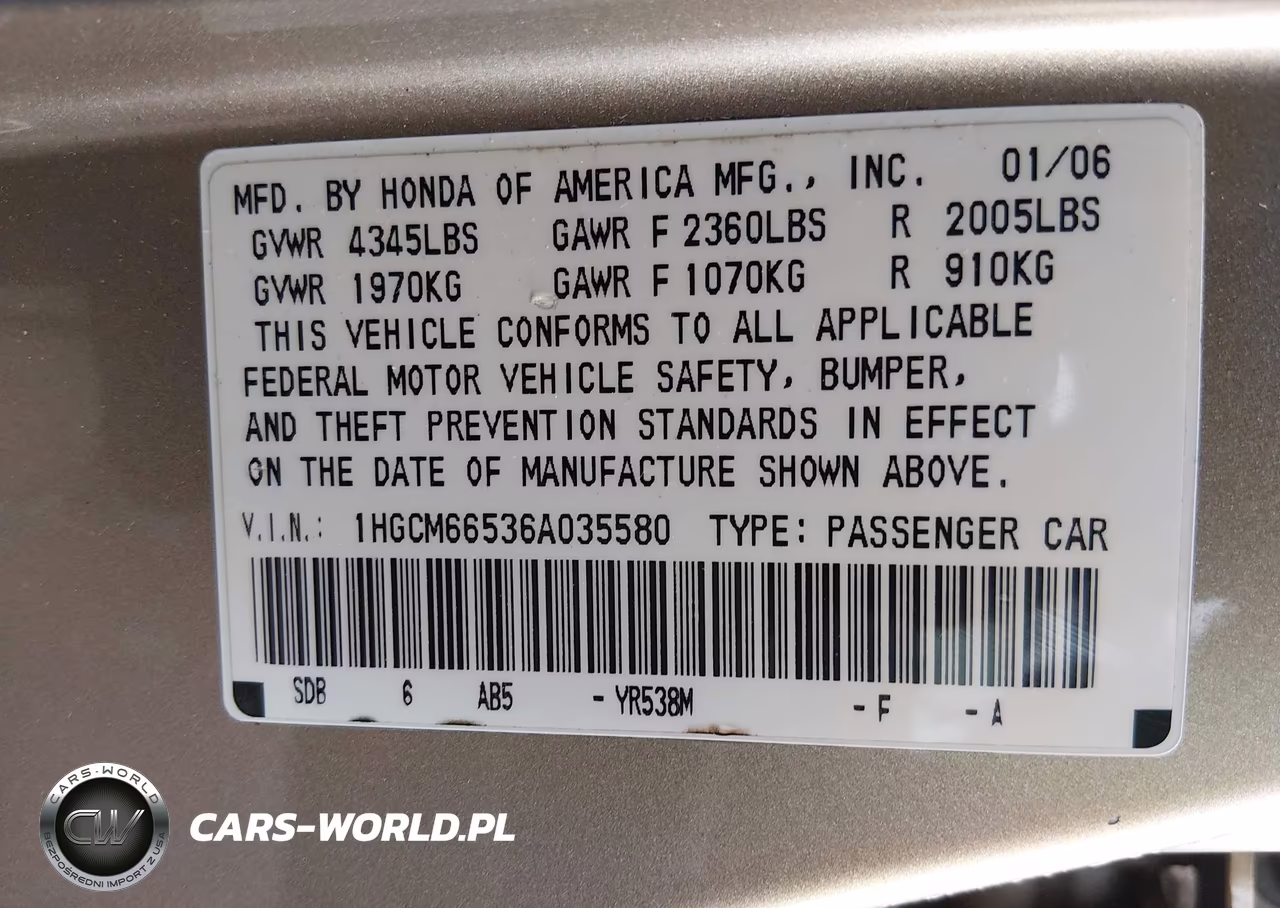 2006 Honda Accord 3.0 Ex VIN:1HGCM66536A035580 - 9