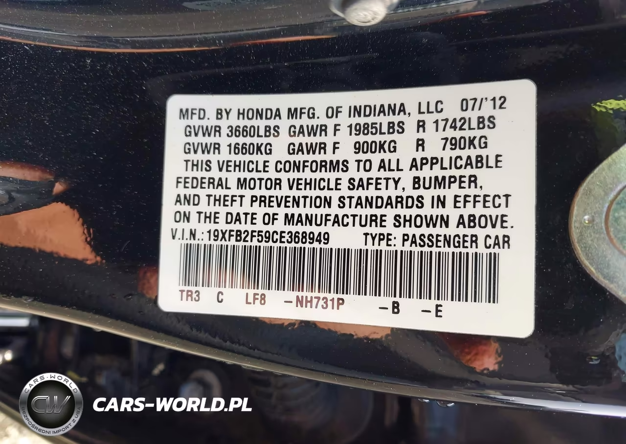 2012 Honda Civic Lx VIN:19XFB2F59CE368949 - 9