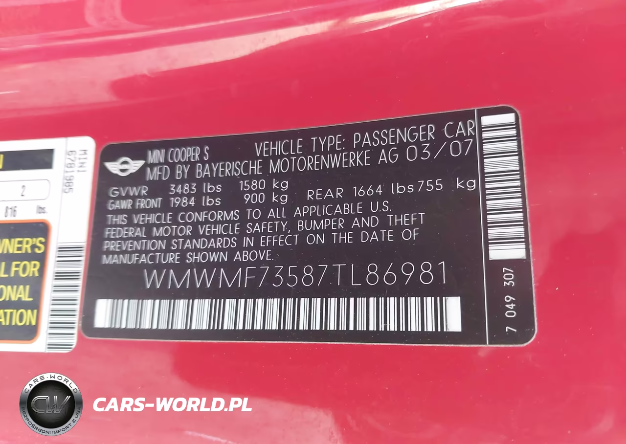 2007 Mini Cooper S VIN:WMWMF73587TL86981 - 9