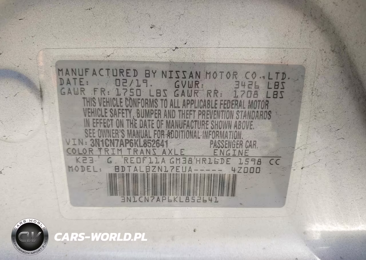 2019 Nissan Versa 1.6 Sv VIN:3N1CN7AP6KL852641 - 9