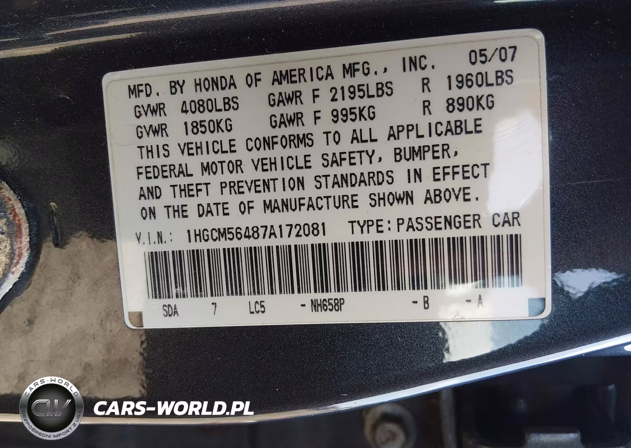 2007 Honda Accord 2.4 Lx VIN:1HGCM56487A172081 - 9