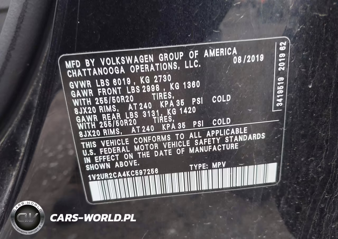 2019 Volkswagen Atlas 3.6L V6 Se W-Technology VIN:1V2UR2CA4KC597256 - 9