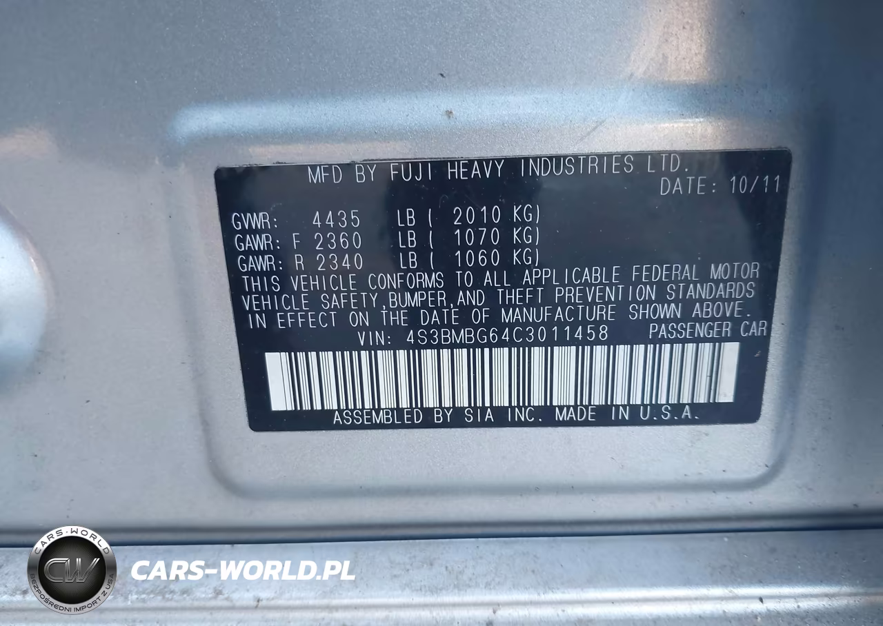 2012 Subaru Legacy 2.5I Premium VIN:4S3BMBG64C3011458 - 9