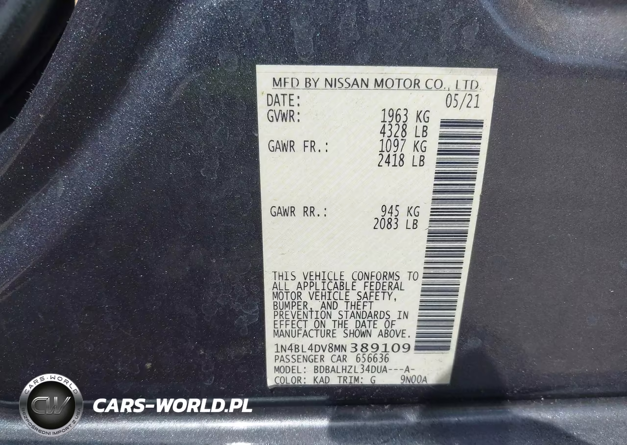 2021 Nissan Altima Sv Fwd VIN:1N4BL4DV8MN389109 - 9