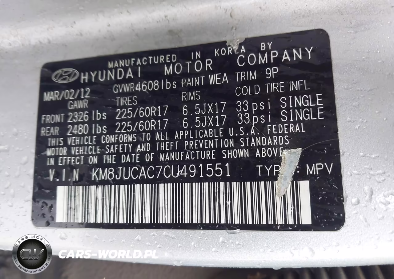 2012 Hyundai Tucson Gls VIN:KM8JUCAC7CU491551 - 9
