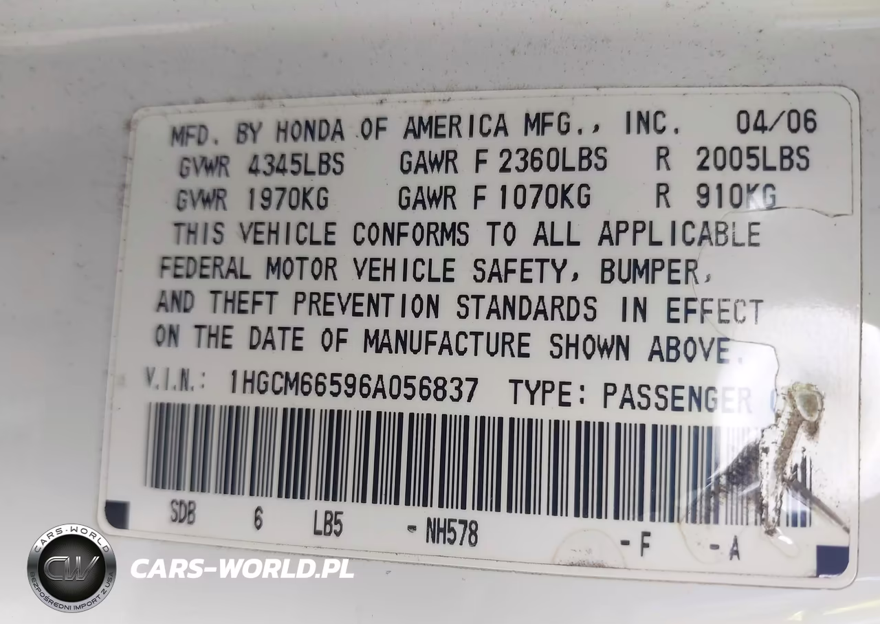 2006 Honda Accord 3.0 Ex VIN:1HGCM66596A056837 - 9