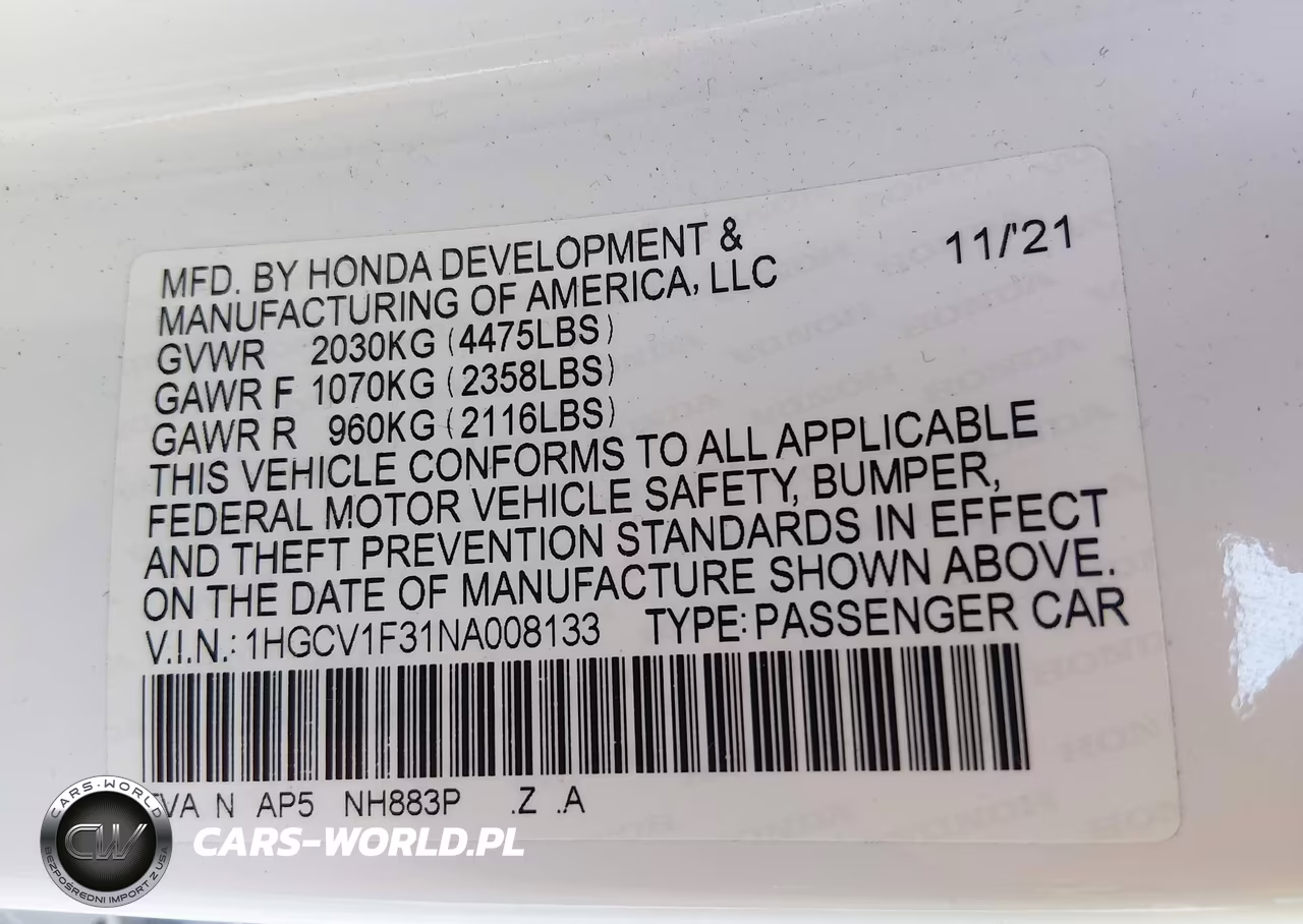 2022 Honda Accord Sport VIN:1HGCV1F31NA008133 - 9