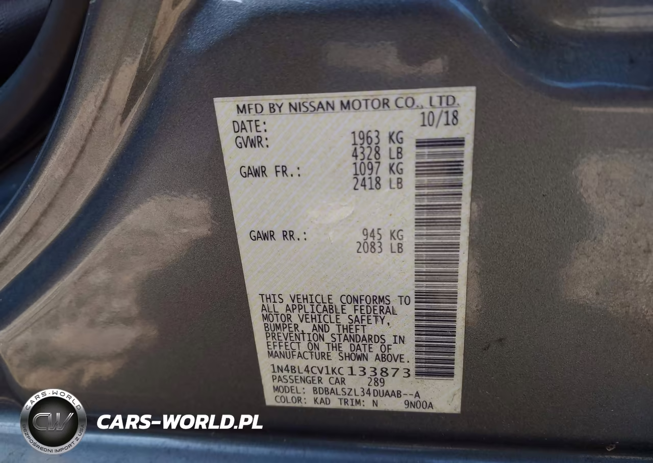 2019 Nissan Altima 2.5 Sr VIN:1N4BL4CV1KC133873 - 9