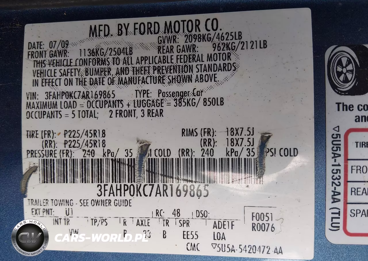 2010 Ford Fusion Sport Fwd Sport VIN:3FAHP0KC7AR169865 - 9