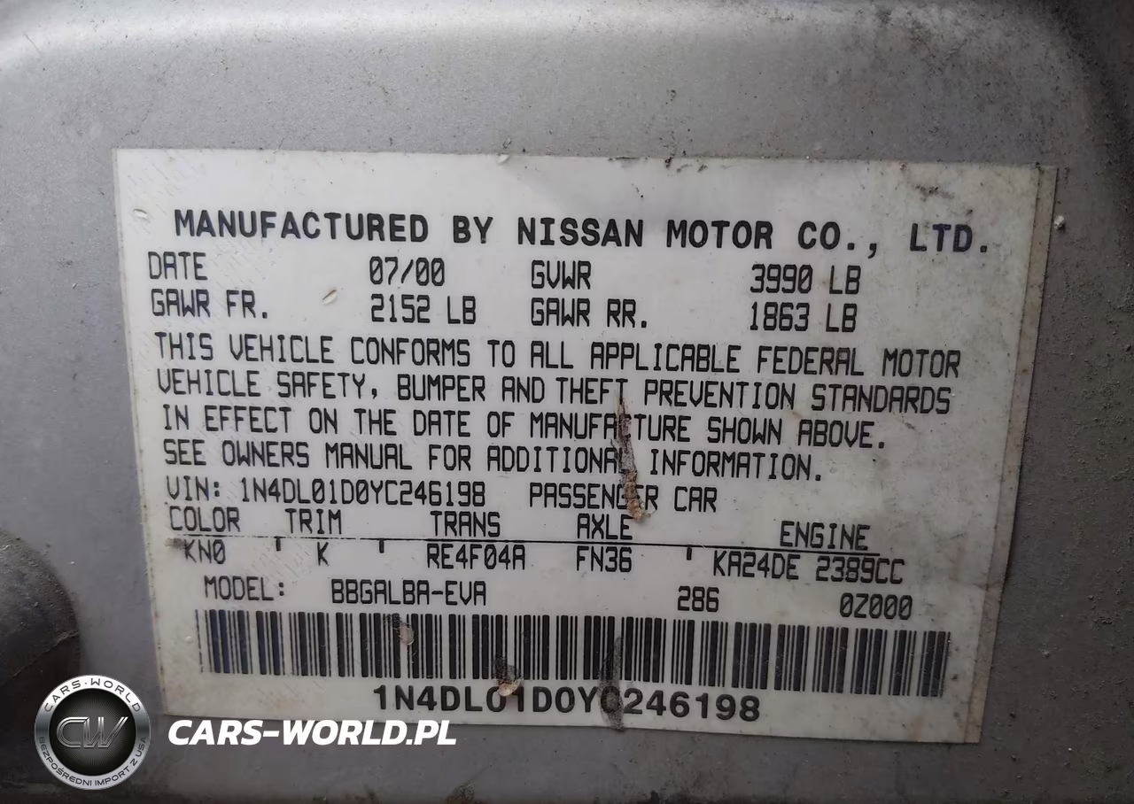 2000 Nissan Altima Gle-Gxe-Se-Xe VIN:1N4DL01D0YC246198 - 9
